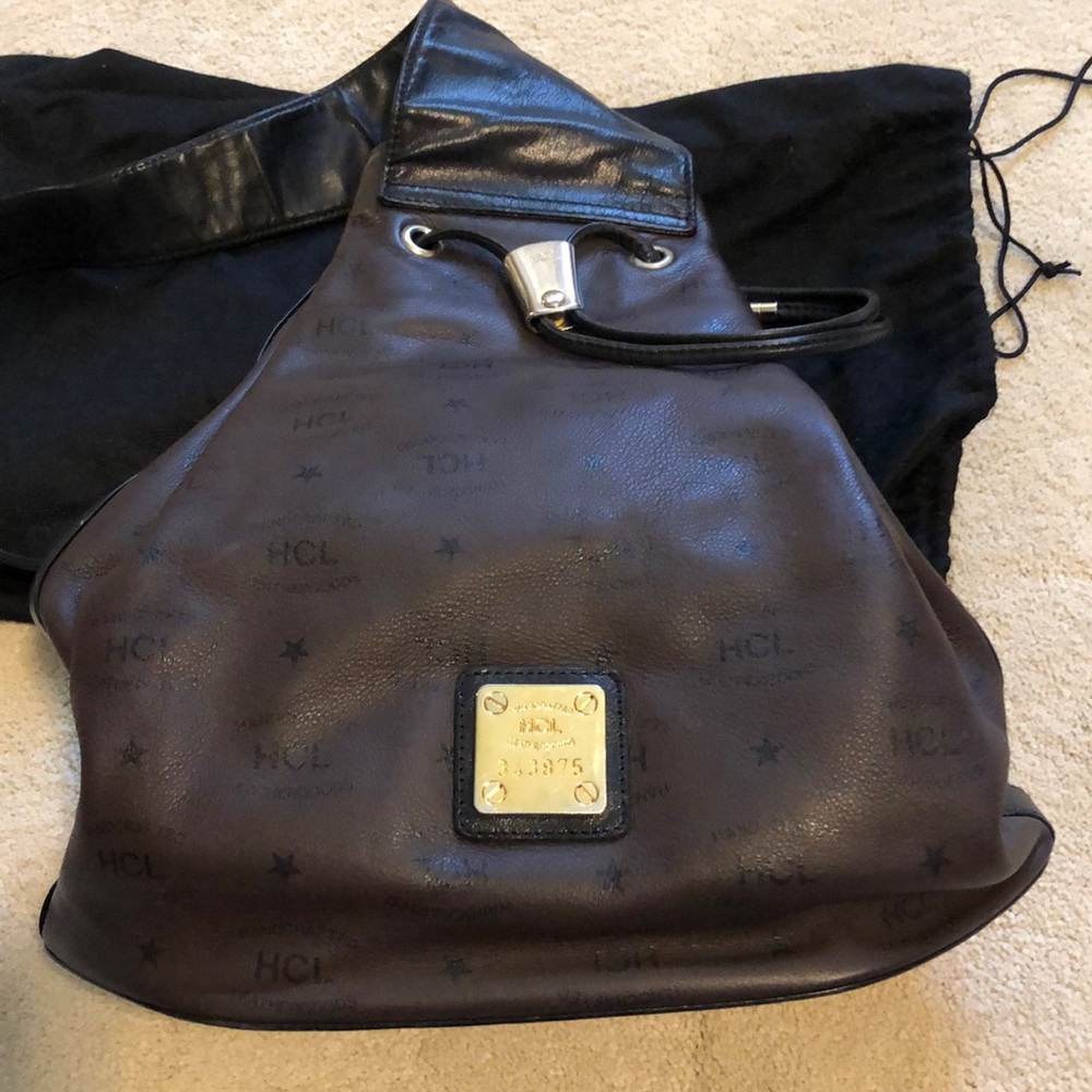 HCL Brown Leather Sling Handbag Single Strap Bucket Bag.